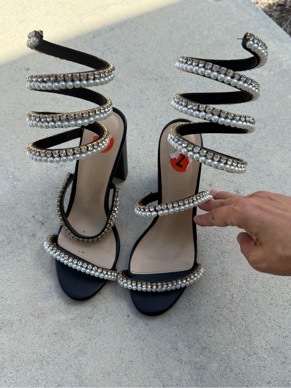 Black Pearl-Embellished Spiral Strap High-Heel Sandals